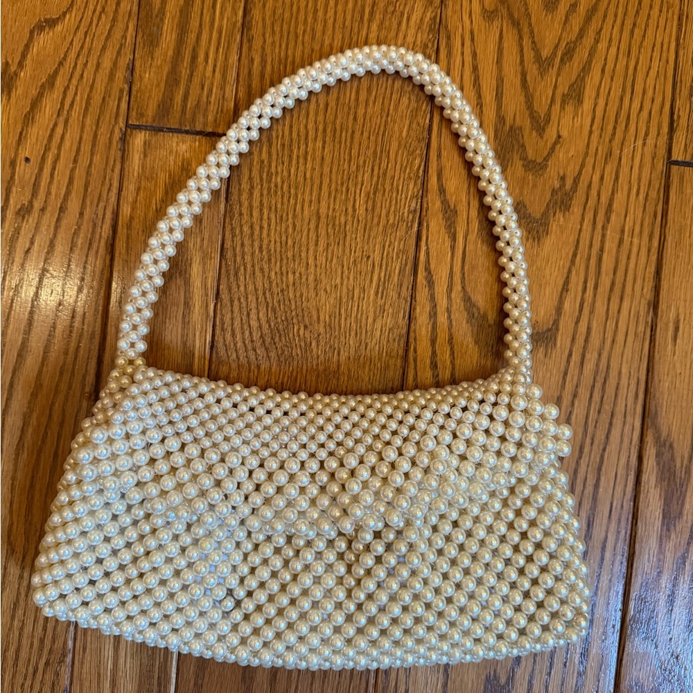 Cream Beaded Shoulder Bag with Vintage Crescent Design